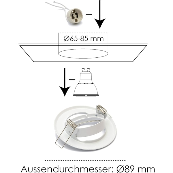 10x GU10 Infällda Spotlights Set - 10 st Monteringsram I Vit Med GU-10 Sockel För LED Eller Halogenlampor, 30° Vridbar, Rund