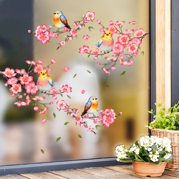 Branch wall stickers, bedroom plum blossom window flower stickers, pink flower wall stickers, garden bird wall stickers, plant peach tree leaf wall,