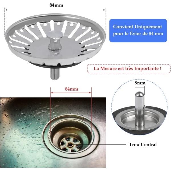 2 kappaletta ruostumattomasta teräksestä valmistettu keittiön lavuaarin tulppa Universaali keittiön lavuaarin suodatin Ø 84 mm Keittiön siivilä Ruostumattomasta teräksestä valmistettu lavuaarin ritilä keittiöön ja kylpyhuoneeseen