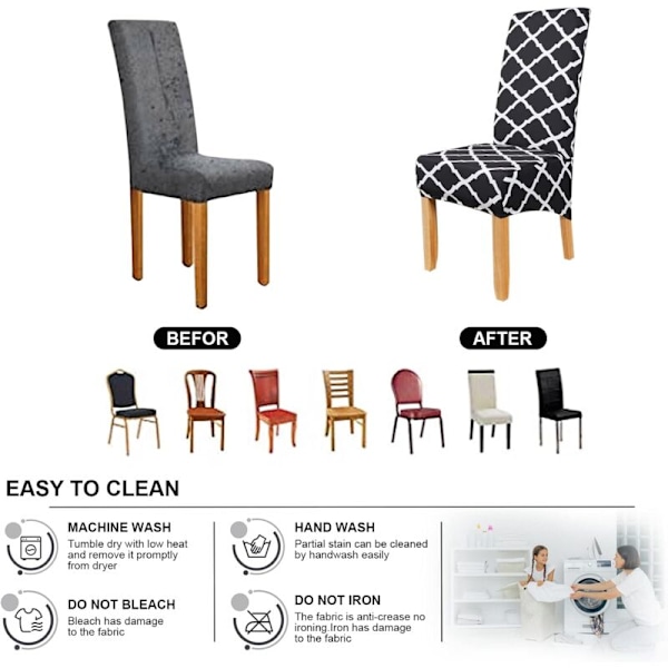 Set med 6 stolar (ljusgrå) stolsöverdrag, stretch stolsöverdrag, stor, tvättbar universalstol, lätt att rengöra för matsalens inredning