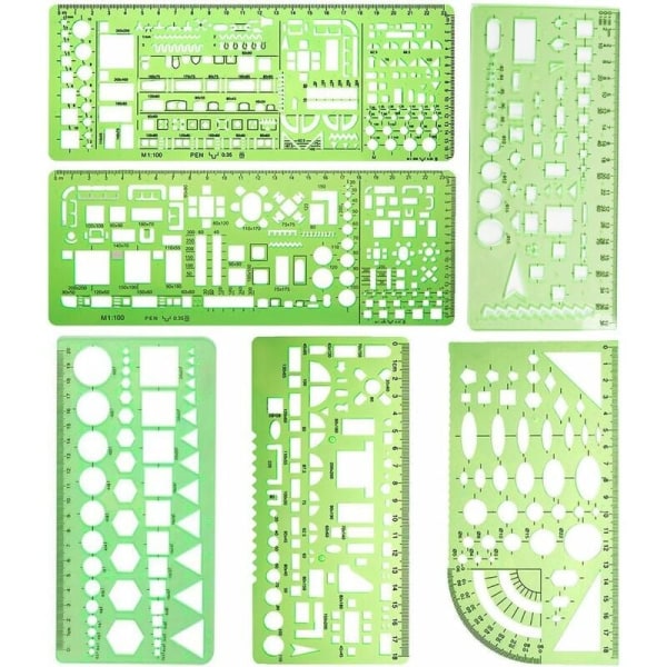 6 st plastmallar för mätning, formverk, stenciler och ritlinjaler för kontor och skola, ljusgrön