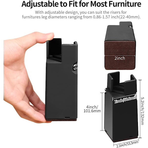 Justerbar sengforhøjelse 10 cm med skrueklemmer, 4\" møbelforhøjelse Heavy Duty 4-pak sofa bord og stolforhøjelse til firkantet/rundt møbelbendiameter