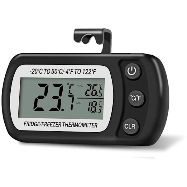 Digital kylskåpstermometer för kyl och frys -20 till 50 °C med krok, lättläst LCD-skärm, Max Min inspelningsfunktion (bl