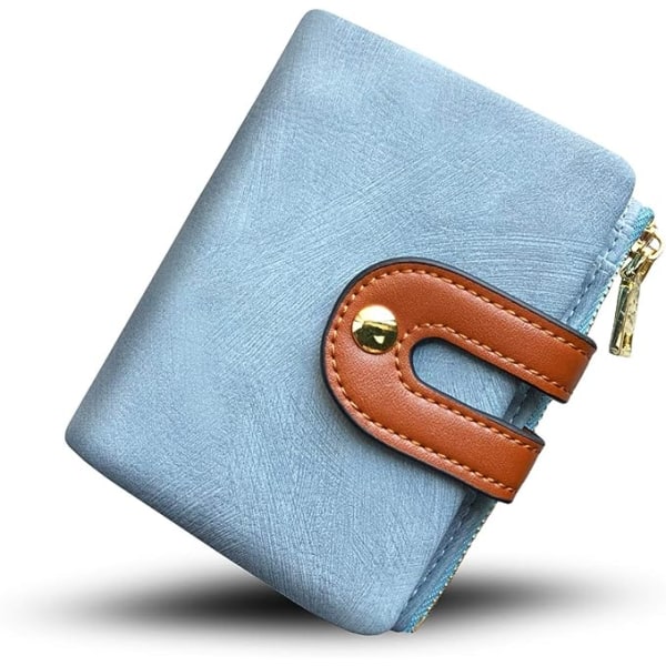 (Blå) Lille RFID læder Bifold tegnebog til kvinder - Mini tegnebog f