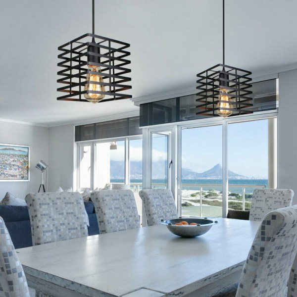 Industriell anheng lysekrone bur jern taklampe E27 for soverom spisestue bar svart - firkant - svart