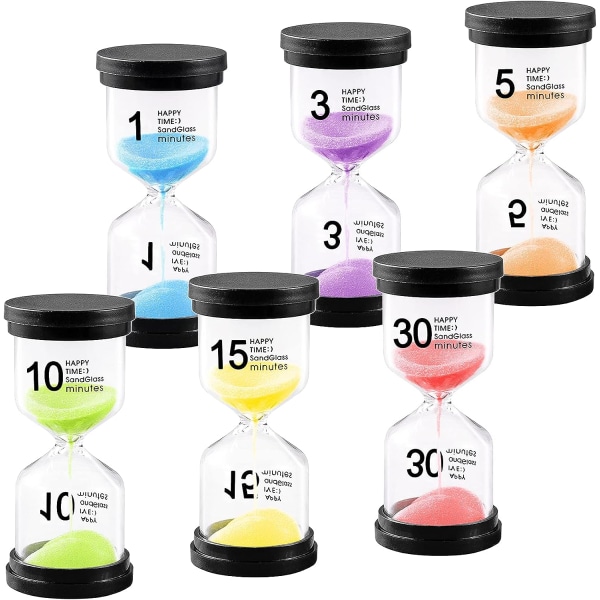 Set med 6 timglas, färgat timglas transparent glas kit, sandklocka 1 min/3 min/5 min/10 min/15 min/30 min - timglas timer, timer timer, kit