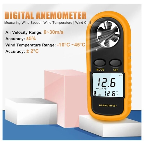 Bärbar anemometer Högprecisions digital anemometer (± 5%) med LCD-bakgrundsbelysning, bärbar anemometer för utomhusbruk, HAVC, drönare