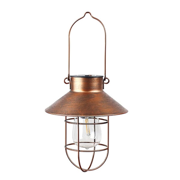 Solcelledrevet LED-lampe i wolfram med smedejernslanterne, skiveformet hængelampe til have, terrassedekoration, dekorativ retro