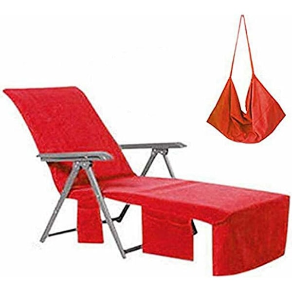 Trekkløs solseng i mikrofiber badehåndkle basseng solseng med lommer for feriesol (rød)