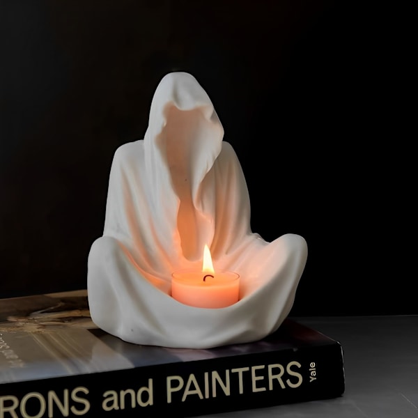 Valkoinen synkkä viikatemies istuva patsas, creeper-puku istuva patsas, goottilainen halloween-koriste teepöytä