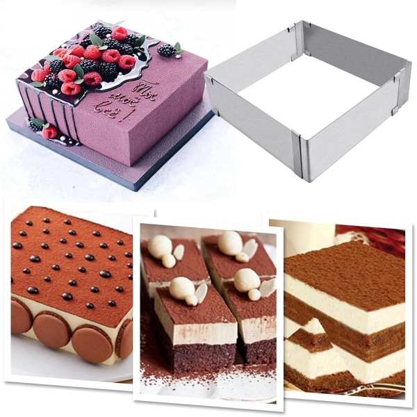 Justerbar firkantet kagering Udvidelig rektangulær kageramme Rustfrit stål Mousse kageform Kage Tiramisu Dessert Bageværktøj (15*15*5cm-28*