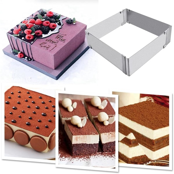 Justerbar firkantet kakeform Utvidbar rektangulær kakeform i rustfritt stål Mousse kakeform Kake Tiramisu Dessert Bakeverktøy (15*15*5cm-28*