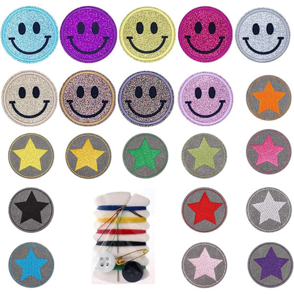 Jern-på-lapper for barn, jern-på-kleslapper, Smiley 20 stk jern-på-kleslapper, Jeans stjerne sylapper for barn og voksne klær (mørk)