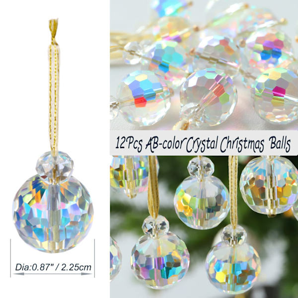 12-pakning krystallglass julekule ornamenter, 0,87 tommer mini AB fargerike prismatiske ball julepynt til julefest hjemmeinnredning