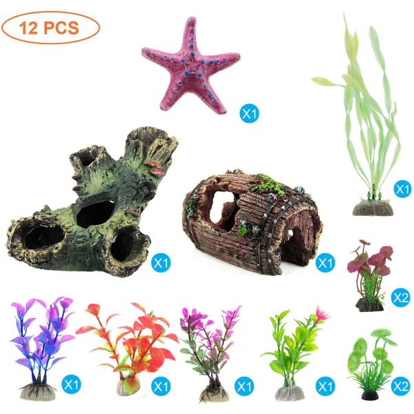 Akvaarion koristekasveja hartsilla rikkoutuneella tynnyrillä ja luolakivellä