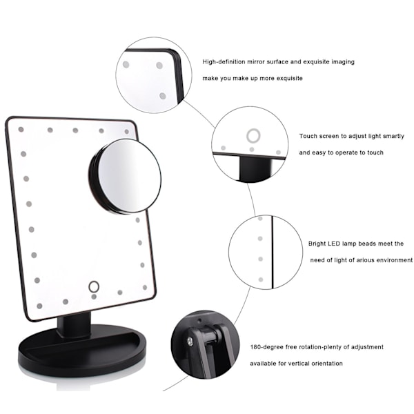 Svart belyst speil, 10x forstørrende LED-sminke speil, LED-speil, USB og batteri opplading, 180° sminke speil, Lu forstørrende speil