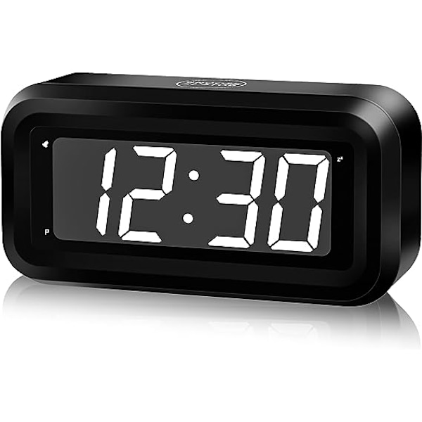 (Hvit) Digital klokke, automatisk nattmodus, 3 LED-lysstyrkenivåer, batteridrevet, 12/24-timers alarmklokke for barn, eldre, tenåringer, soving