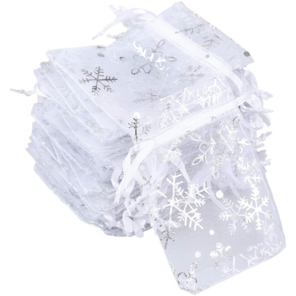 Organzapåsar för jul, 100 st vita organza presentpåsar, 2,7'' x 3,5'' organza påsar med dragsko för jul, bröllopsgåva smyckespåse