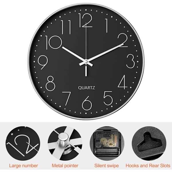 Væg ur, 30 cm (12 tommer) Moderne lydløst vægur, quartz urværk, moderne minimalistisk design i sort, til stue, køkken, kontor, soveværelse (s