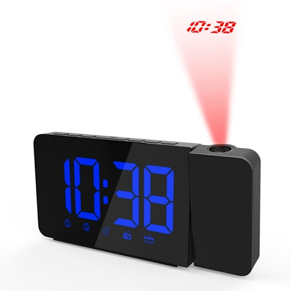 LED projektionsväckarklocka med USB-kontroll, FM-radio med variabel intensitet, skrivbordsklocka med roterande projektor, dubbellarm, snooze-funktion - blå