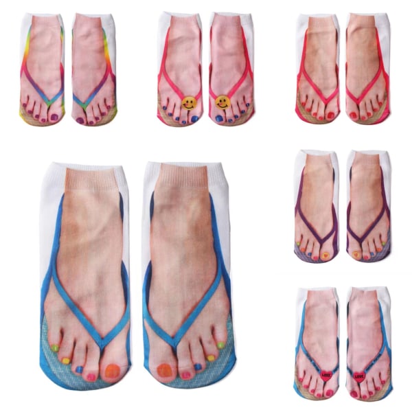 Imitasjon Sokk Sandaler 6 Par Tilfeldige Farger 3d Mønster Trykte Sokker Fancy Flip Flops Bomull Elastisk Anti-svette Og Pustende Lave Ankelsokker For