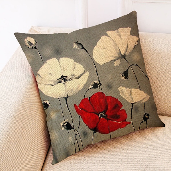 Konstgjord Blomkuddfodral 18x18 tum Set om 4 Röd Blomkuddfodral 45cm x 45cm Bohemian Linne Kvadratisk Kuddfodral Vardagsrum Soffa