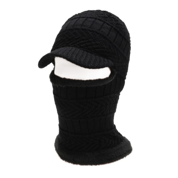 Knitted Hat Autumn and Winter Men's Outdoor Warm Face Covering Wool Hat Women's Cycling Scarf Integrated Velvet Pullover Hat (Black)