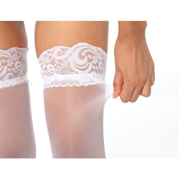 (Valkoinen) Naisten luistamattomat silikonipitsiset reisikorkeat sukat pitsillä