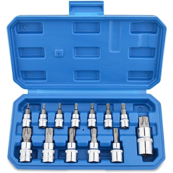 13-osainen Torx-hylsysarja T8 - T70 Kromivanadiiniterästä Naaraspuoliset ruuvimeisselin kärjet 1/4\" 3/8\" ja 1/2\" säilytyslaatikolla