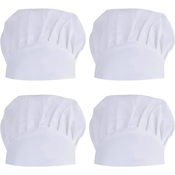 4 stk justerbare kjøkkenhatter for kvinner og menn, unisex kokkehatter, profesjonelle kokkehatter i polycotton, pustende kjøkkenkokkelue for konditorrestauranter