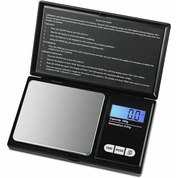 Præcisionsvægt 0,01g, 200g/0,01g, Lommevægt med LCD-display, Lille smykkevægt, Køkkenvægt, Præcisionsvægt med Tarafunktion, Rustfrit stål