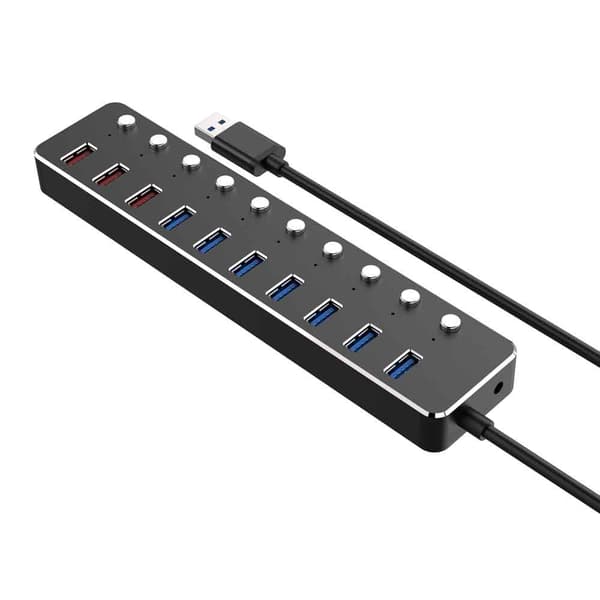 USB 3.0 Hub 10 portar Powered Multi Port USB med oberoende switch och 12V/2A strömadapter