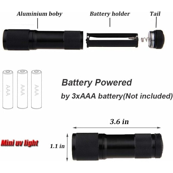 UV/svartlys lampe med 9 LED-er, LED UV lommelykt, flekkdetektor, finn flekker på klær, tepper eller gulvtepper (ikke inkludert batterier)