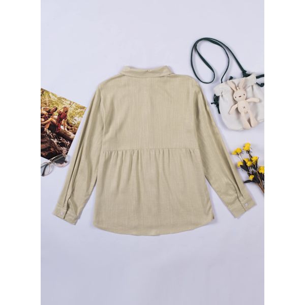 Astylish Dame V-hals Rulle op ærme Knap Ned Bluser Toppe（L）