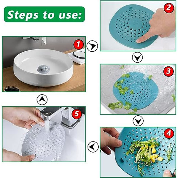5-pack duschbrunnshår fälla med sugkoppar, silikon duschbrunn lock hårstopp, handfat sil badkar avloppsskydd plugg fälla filter Ki