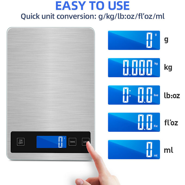 Elektronisk køkkenvægt, digital madvægt i rustfrit stål 1G, kapacitet 15 kg/33 lb, stor 23 x 16 cm platform, baggrundsbelyst LCD-skærm, hærdet
