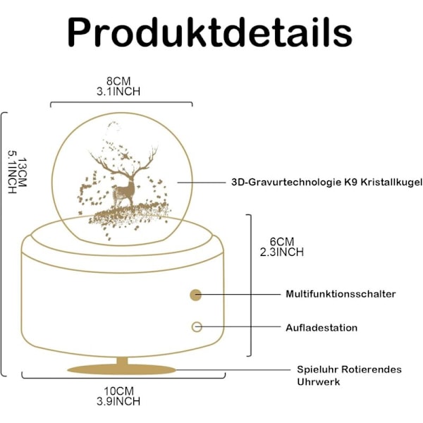 Roterende musikboks i træ, 3D krystalkugle, med varmt lysprojektionsfunktion, roterende krystalkugle, fødselsdagsgave, julegave (Élan)