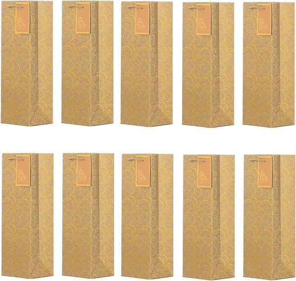 Set med 10 (36x12x10cm) presentpåsar guld flaskväska för vin och champagne
