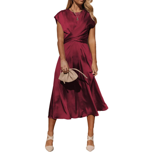 Kvinder 2023 Sommer Satin Midi Kjole Cap Ærmer Binde Talje Elegant A Linje Flydende Kjole