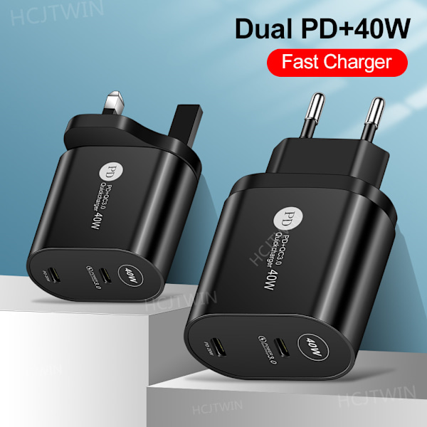 Dubbel PD Standard 40W Snabbladdare Mobiltelefonladdare Typ-c PD Dubbel Port Flashladdning Reseladdare