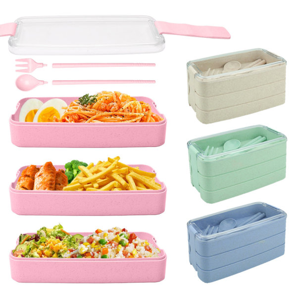 Bento Lunch Box, 3 in 1 Compartment, Reusable Bento Meal Prep Containers with Fork, Spoon (Pink)