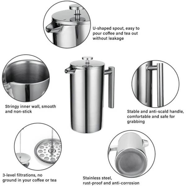 Stempelkande i rustfrit stål 304, termokaffemaskine, tekande, 800 ml, 3 filtre, anti-krydshåndtag, rustfri kaffepresse