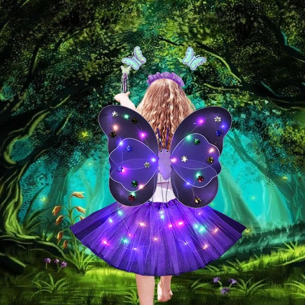 Fairy Costume for Girls - Princess Dress Up Set with Fairy Wings - Includes LED Skirt, Wand and Party Headband Purple