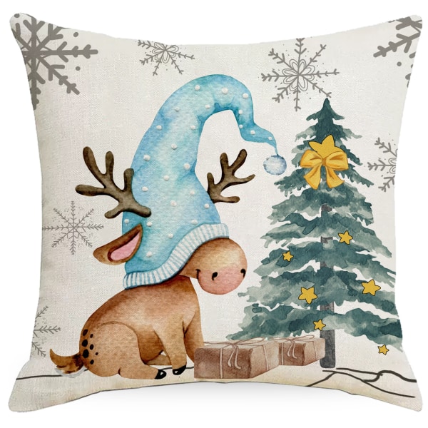 Jul Blå Tryckt Linnekuddfodral Soffa Heminredning Kuddfodral Kudde (4 stycken)