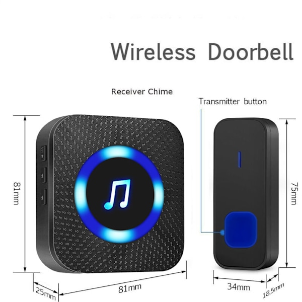 Trådlös Dörrklocka, 300M Dörrklocka IP55 Vattentät Elektronisk Signal, 55 Melodier med 5 Volymnivåer, Blå LED Svart (8.18.12.5cm)