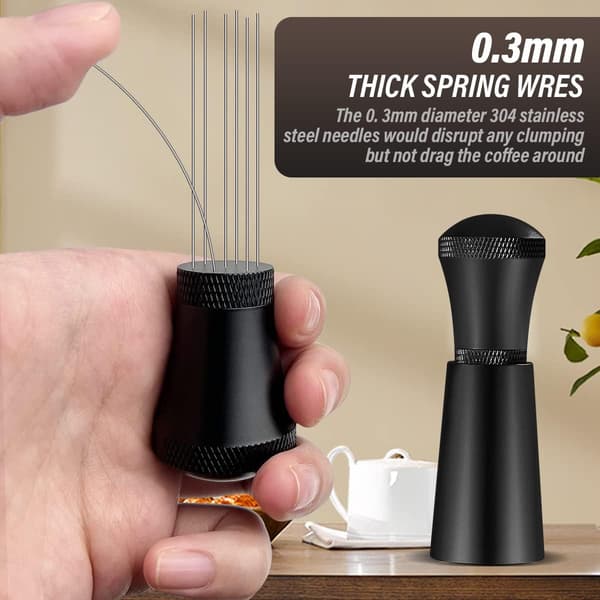 Rustfrit Stål Kaffeomrører, 7 Nåle, 0,3 mm Kaffeomrører med Opbevaringsbase (Sort)
