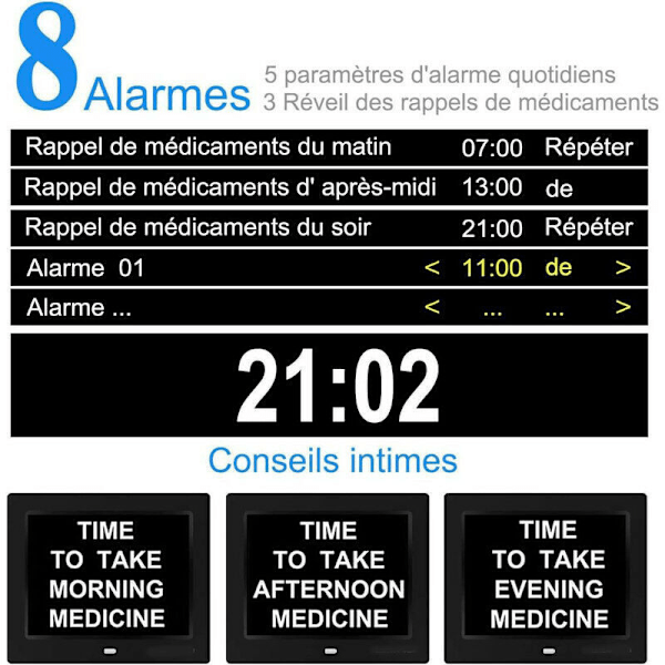 Tums LCD Digital Klocka Kalender med Datum Dag och Tid Icke-Förkortad Klocka Automatisk Dimning 8 Språk HD-Display Påminnelse för Alzheimer Äldre och Ch