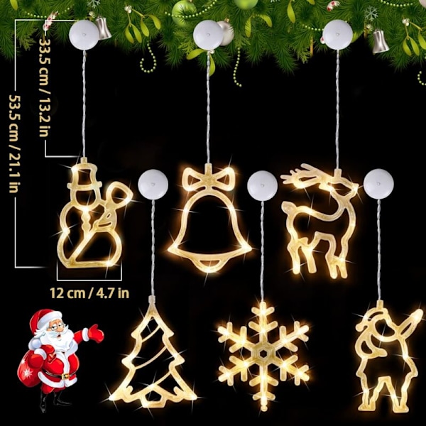 Jul LED ljusslinga, 6 delar med sugproppar, fönsterlampor, LED juldekoration LED gardiner, fönsterdekoration, drivs med batteri