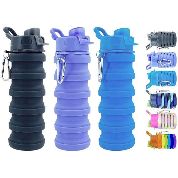 Silikoninen kokoontaittuva vesipullo karabiinilla - 500ml BPA-vapaa urheilupullo matkustamiseen ja retkeilyyn | Tiivis (Musta+Violetti+Sininen, 3 kpl)