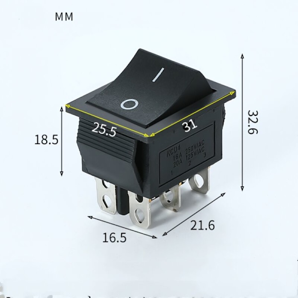 Vippströmbrytare, on-off-on, 6 terminaler, 16A 250VAC, svart, 2 st